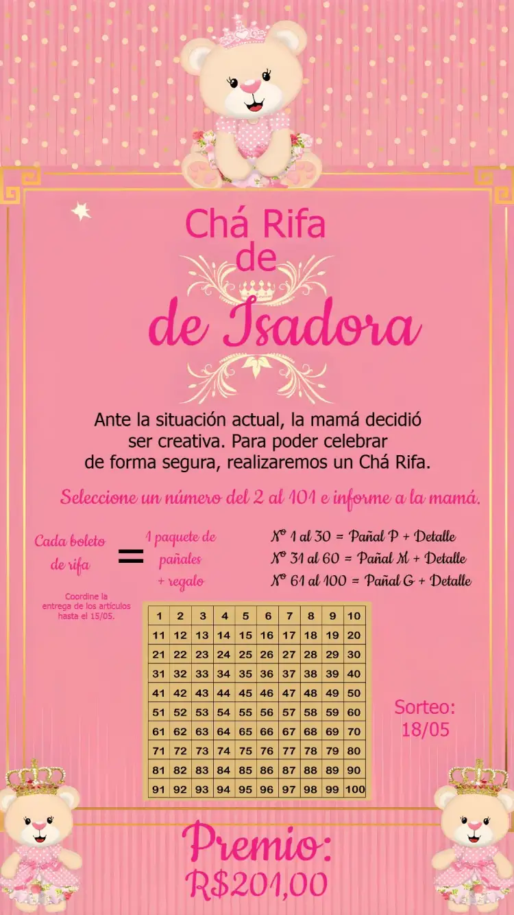 Invitación Té Rifa Osita Princesa C/ – tema Té Rifa rosa, dorado, blanco, infantil, princesa, lúdico