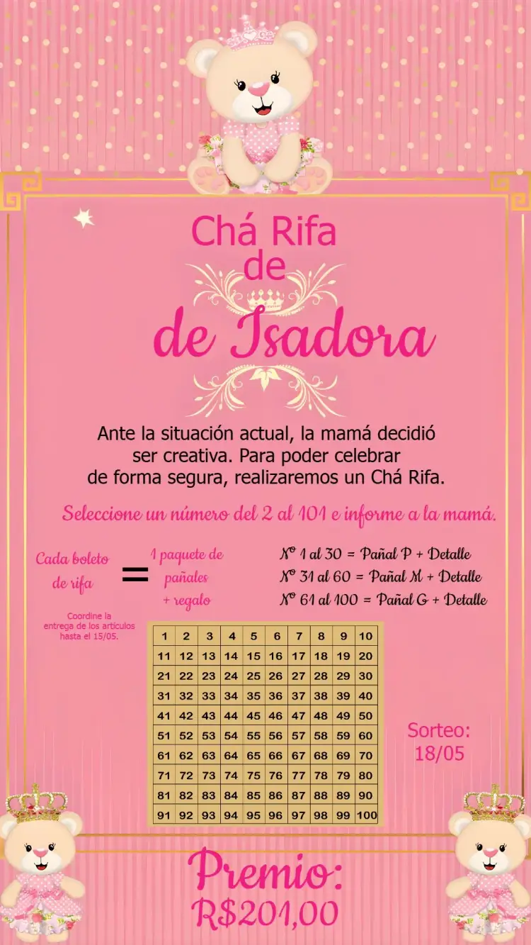 Invitación Té Rifa Osita Princesa C/