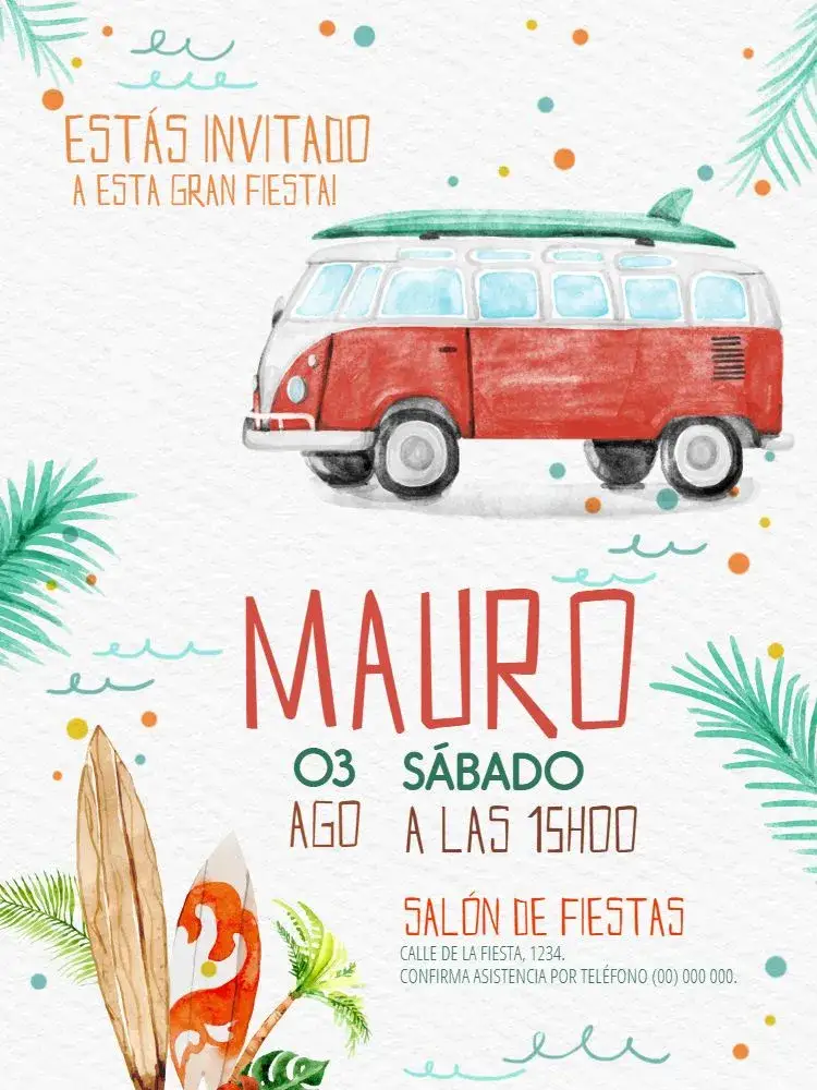 Invitación Evento de Surf Infantil – tema Cumpleaños Infantil colorido, playero, divertido, tropical, moderno