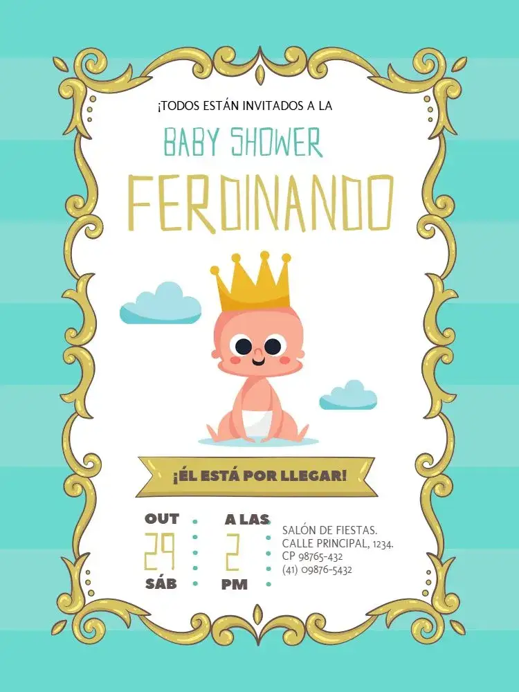 Invitación Tarjeta De Baby Shower Príncipe Verde – tema Tarjeta verde claro, dorado, infantil, delicado, lúdico, princesa