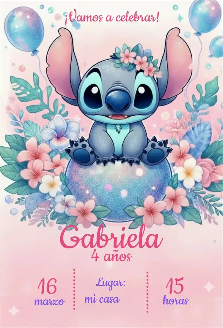 Invitación Stitch niña floral – tema Cumpleaños Infantil floral, colorido, divertido, Disney, moderno, infantil