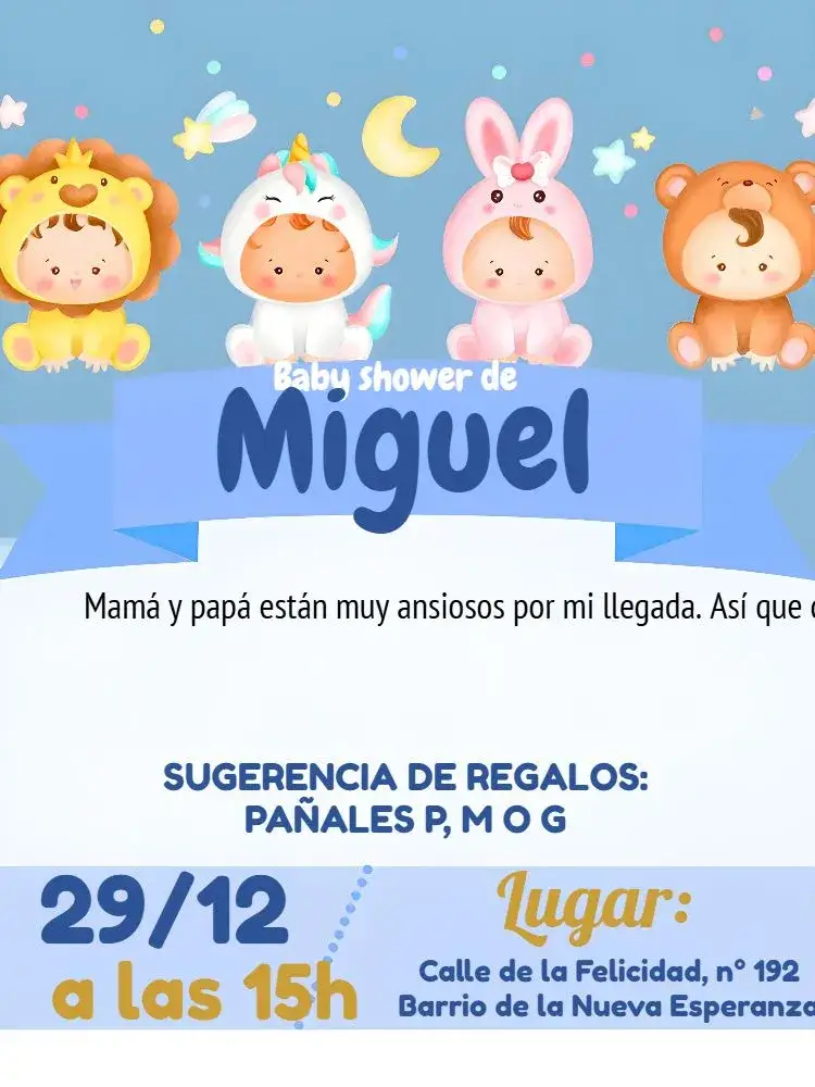 Invitación Baby Shower Safari Niño – tema Baby Shower safari, animales, azul y blanco, dorado, moderno, divertido