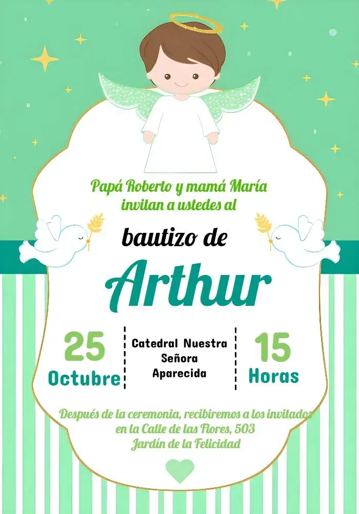 Invitación Bautismo Niño Ángel – tema Primera Comunión verde, ángeles, minimalista, infantil, delicado, moderno