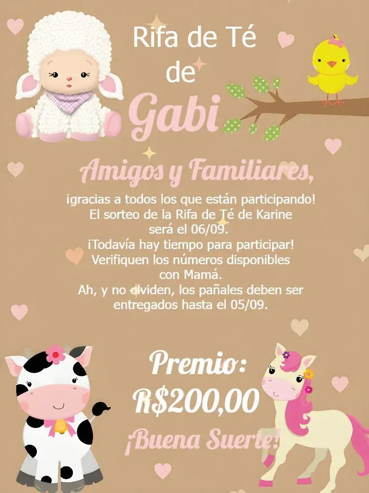 Invitación Recordatorio Chá Rifa Granja Cha – tema Té Rifa granja, animales, vibrante, colorido, rústico, divertido