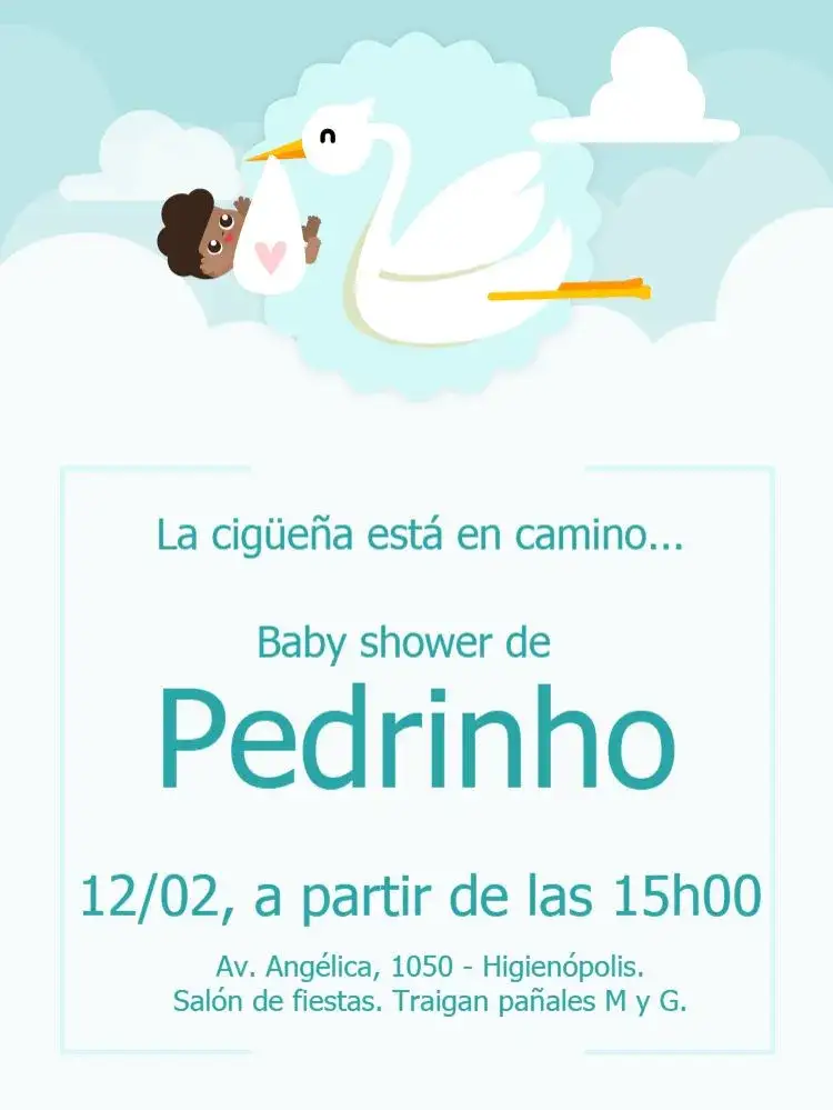 Invitación Cigüeña Celebración Online – tema Baby Shower azul claro, nubes esponjosas, estilo moderno, elementos divertidos, ilustraciones infantiles