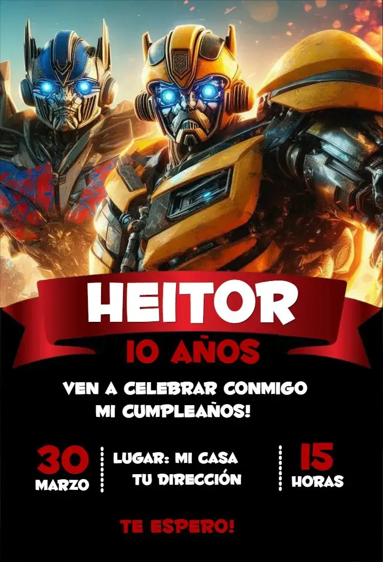 Invitación Transformers 2 – tema Cumpleaños colores vibrantes, estilo moderno, elementos gráficos de acción, inspirado en películas, tema de superhéroes
