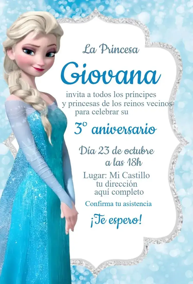 Invitación Frozen 7 – tema Cumpleaños azul, nieve, mágico, infantil, temático, divertido