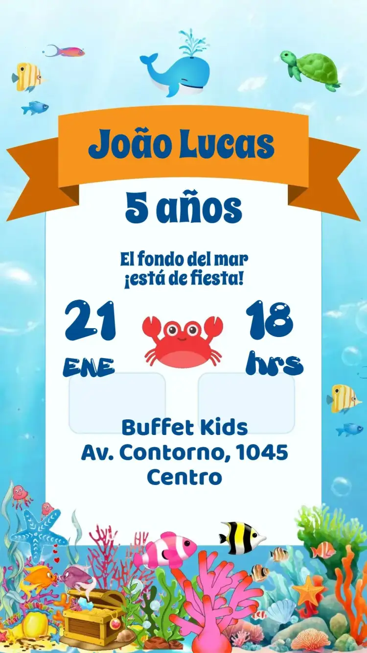 Invitación Fondo del Mar – tema Cumpleaños Infantil azul marino, colorido, divertido, lúdico, tropical, infantil