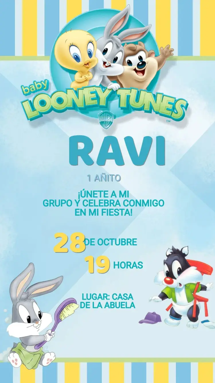 Invitación Invitación Cumpleaños Baby Looney Tunes editable y personalizable