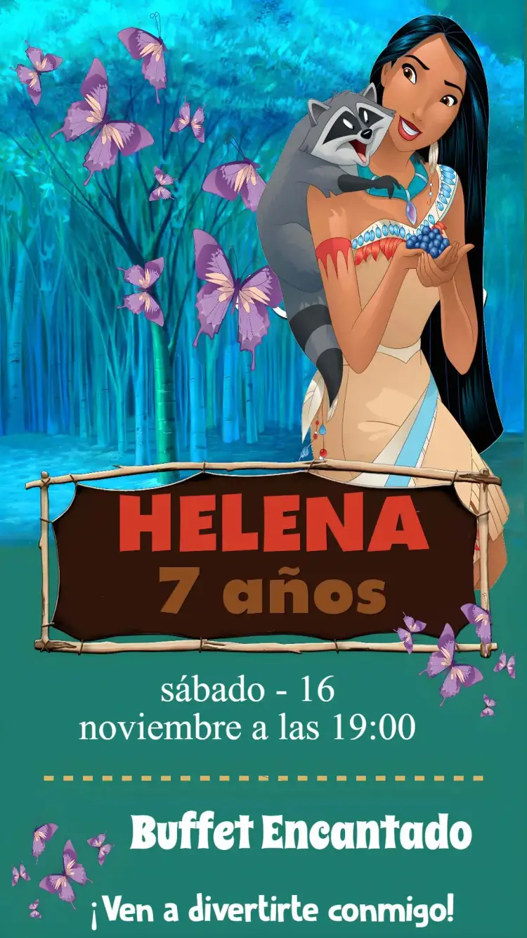 Invitación Pocahontas – tema Cumpleaños Infantil bosque, naturaleza, animación