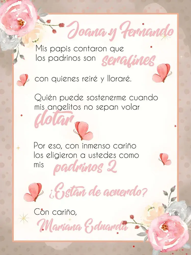 Invitación Bautizo Floral Rosa para Padrinos