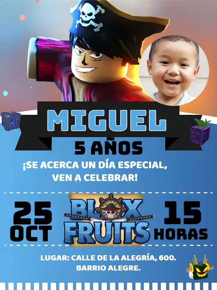 Invitación Blox Fruits Roblox Con Foto Bloxfruis – tema Cumpleaños Infantil colorido, pirata, aventura, juegos, anime, fantasía