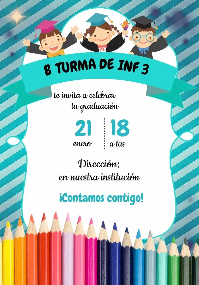 Invitación Graduación Infantil Graduandos – tema Graduación colorido, lúdico, divertido, escolar, infantil, moderno