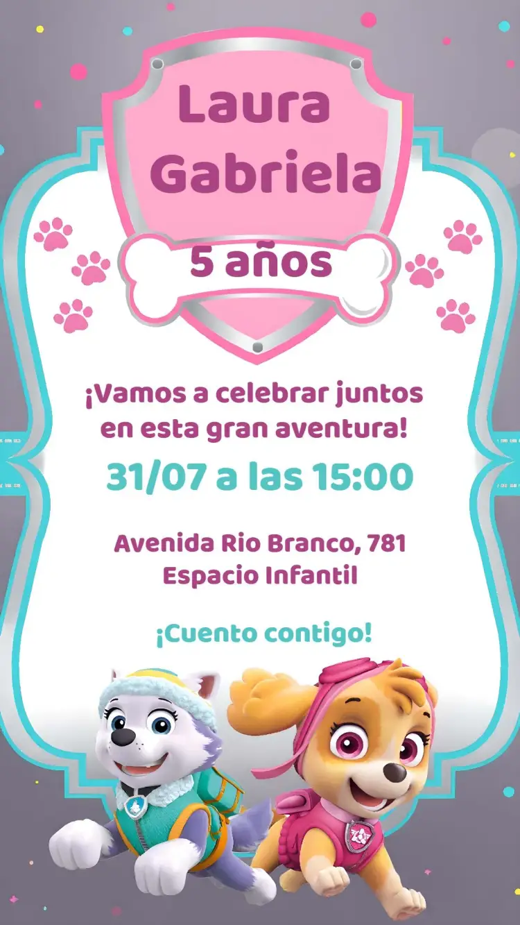 Invitación Patrulla Canina Sky y Everest Rosa editable y personalizable
