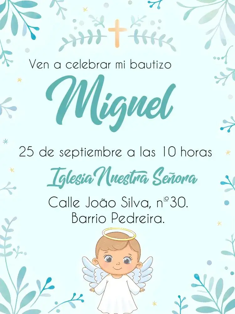Invitación Bautizo Blanco – tema Bautismo delicado, minimalista, azul, blanco, angelitos, flores