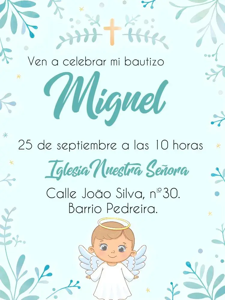 Invitación Bautizo Blanco editable y personalizable