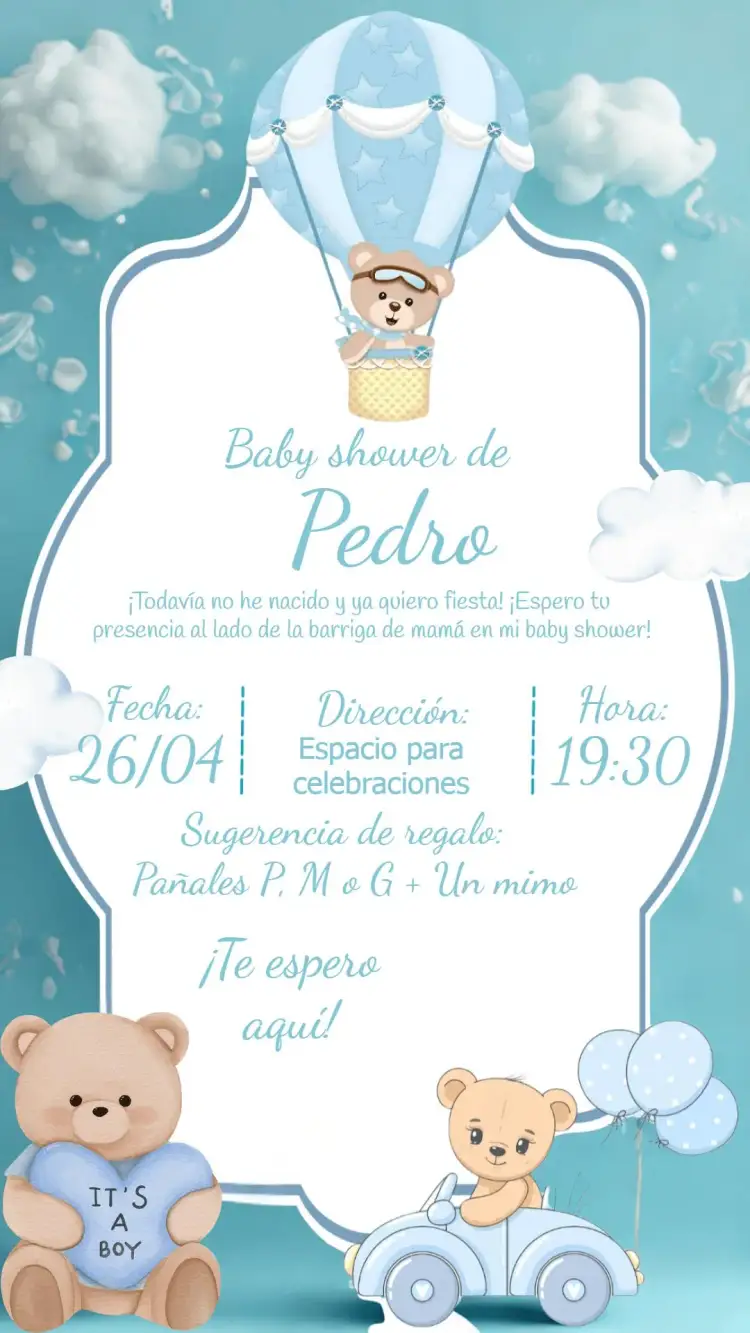 Invitación Baby Shower Oso Globos Azul – tema Baby Shower azul, blanco, lúdico, tierno, globos, osito