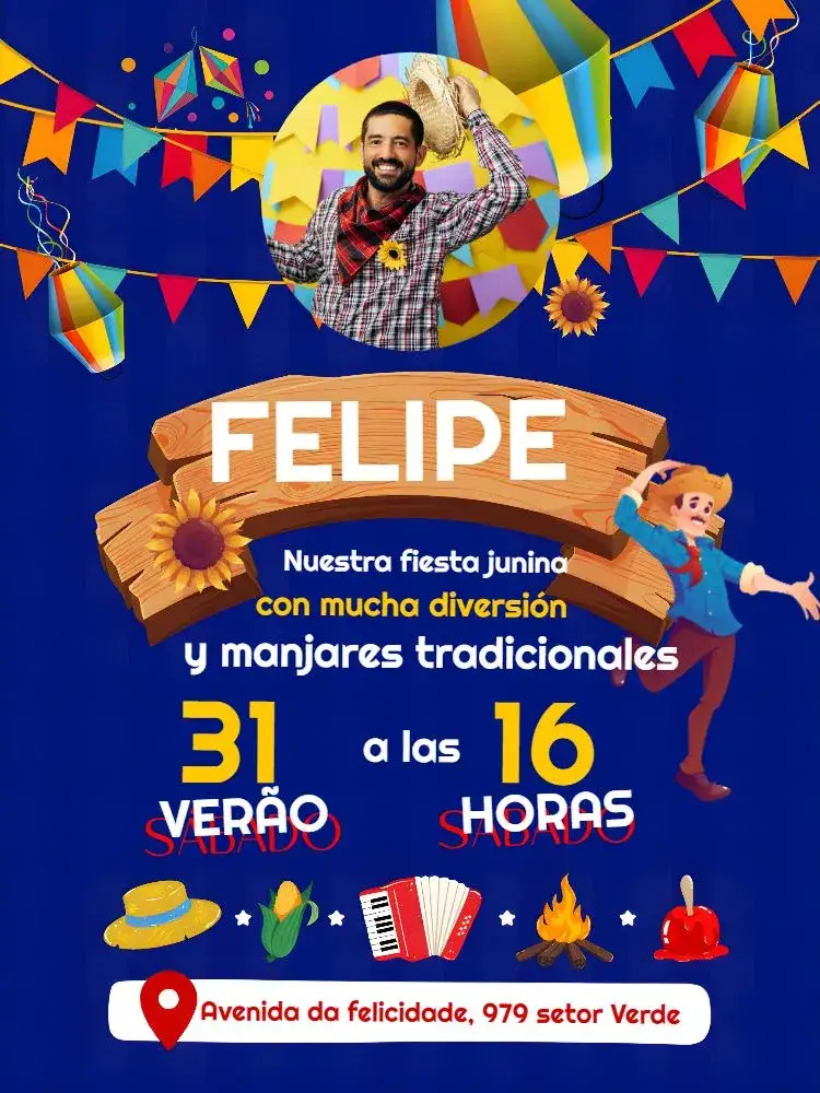 Invitación Para Arraiá Festa Junina Con Foto Banderines – tema Fechas Conmemorativas colorido, vibrante, tradicional, festivo, rústico, brincalhão