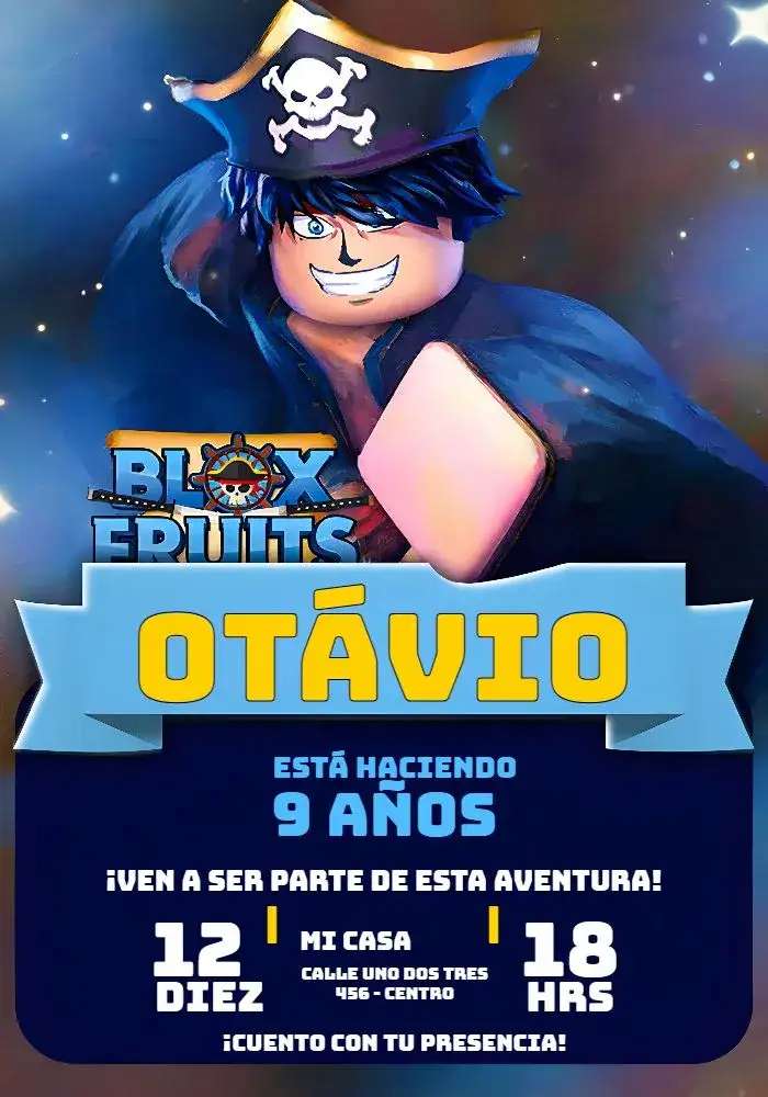 Invitación Blox Fruits Pirata – tema Cumpleaños Infantil pirata, colorido, aventura, jogos, infantil, divertido