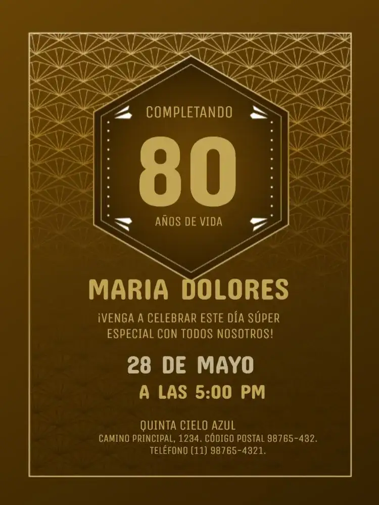 Invitación 80 Aniversario Fiesta Dorado – tema 15 años elegante, clásico, geométrico, dorado, moderno, negro