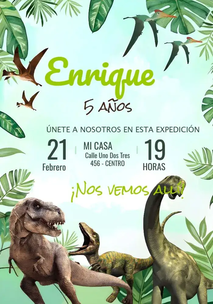 Invitación Dinosaurio Dinosaurios – tema Más buscados colorido, jurásico, divertido, ilustraciones de dinosaurios, estilo infantil, temática de aventura