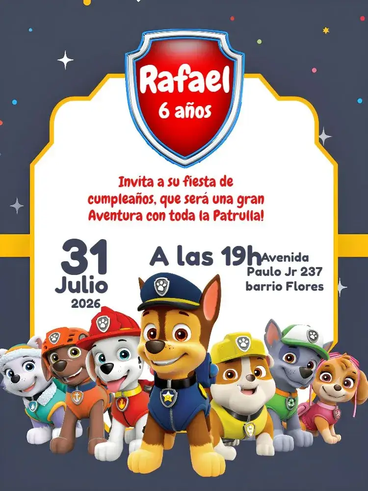 Invitación Patrulla Canina Patrol – tema Cumpleaños Infantil colorido, divertido, infantil, temático, animales