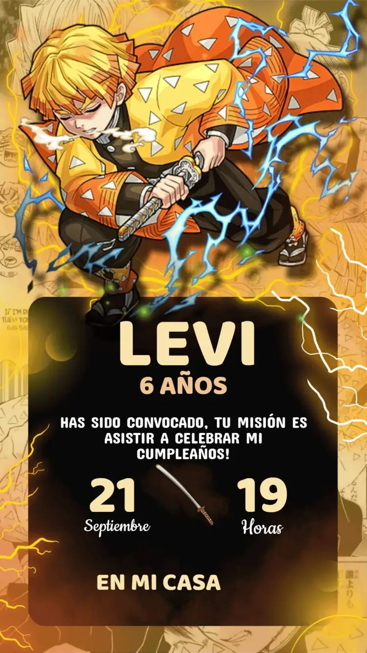 Invitación Invitación Cumpleaños Damon Slayer - Zenitsu Agatsuma – tema Cumpleaños Infantil anime, colorido, divertido, moderno, aventura, jovem