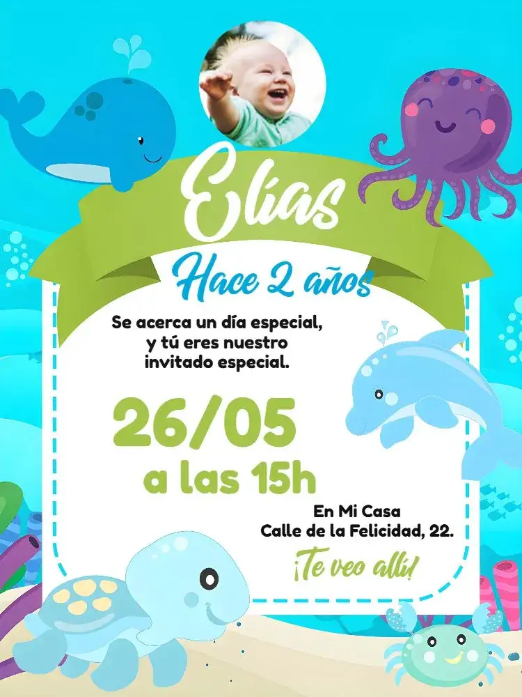 Invitación Fondo Del Mar Con Foto De Delfín – tema Cumpleaños Infantil azul marino, colorido, divertido, infantil, tropical