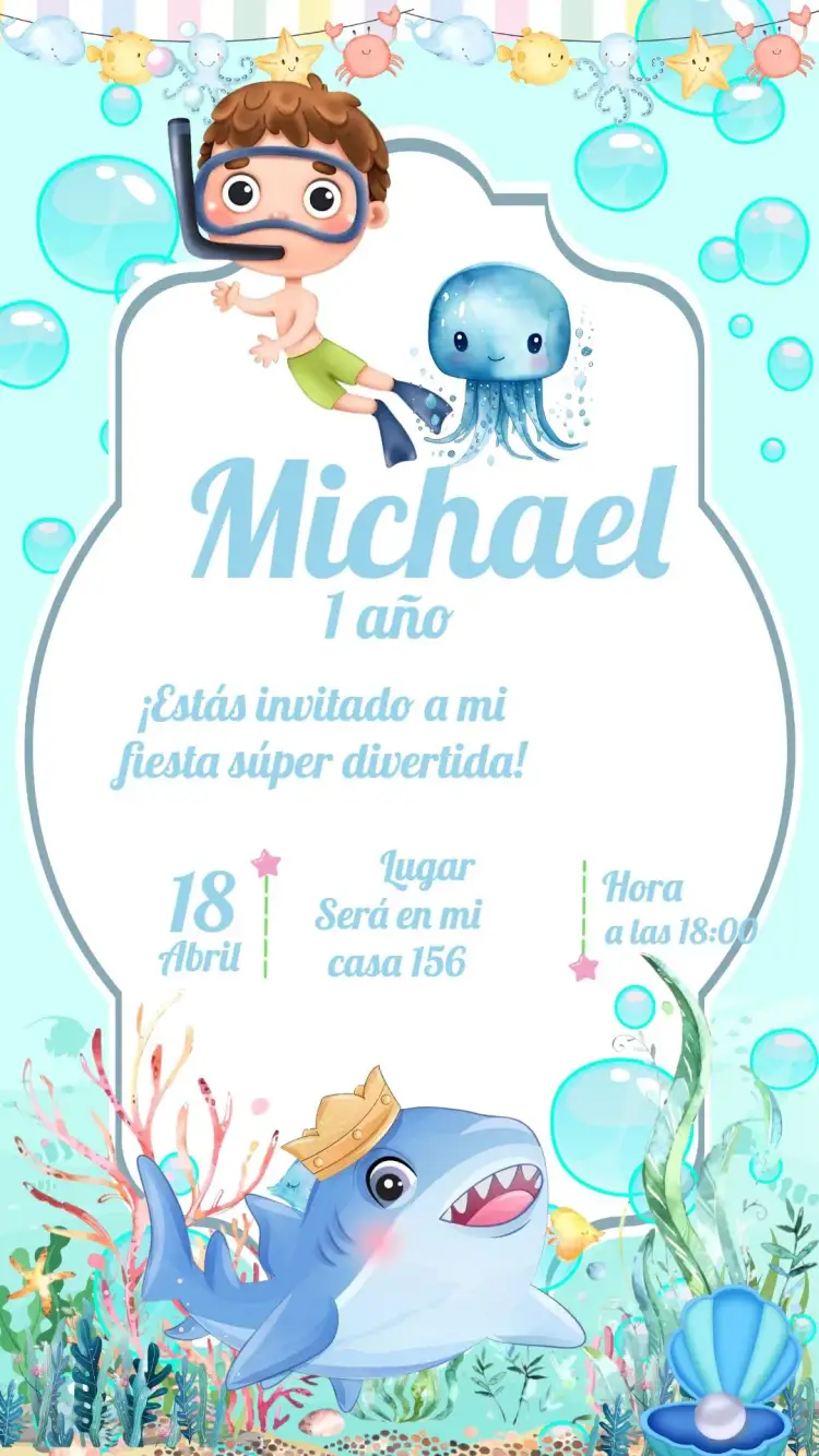 Invitación Fondo Del Mar Acuarela – tema Cumpleaños Infantil acuarela, marino, divertido, colorido, lúdico, infantil