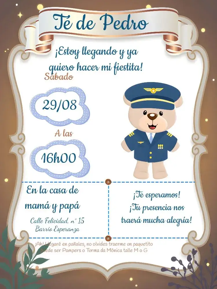 Invitación Baby Shower Oso Policía Banda – tema Baby Shower azul, blanco, dorado, infantil, policial, tierno