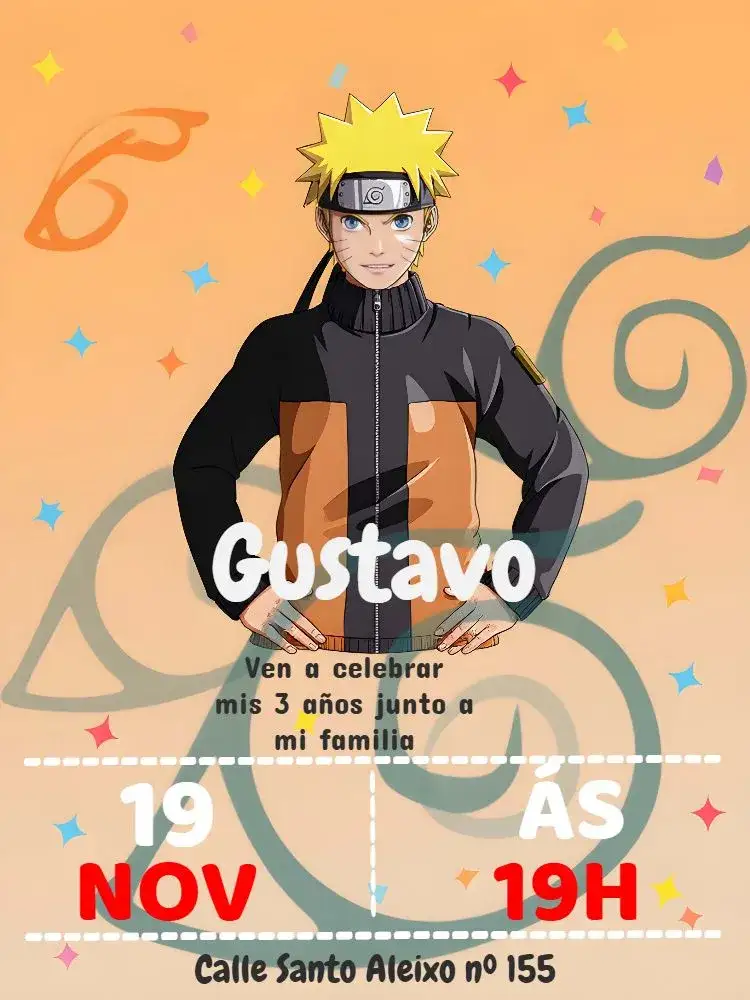 Invitación Naruto Narturo – tema Cumpleaños Infantil moderno, anime, colorido, divertido, jovial