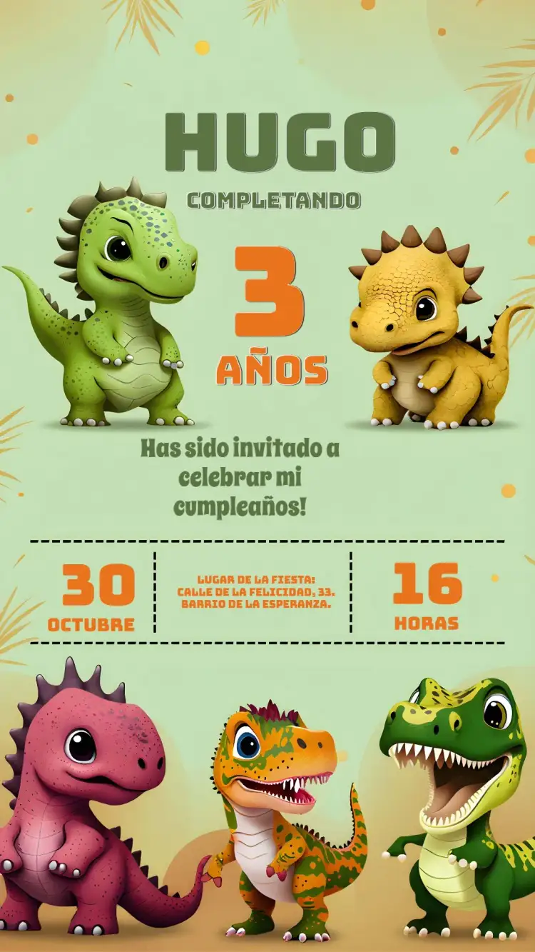 Invitación Dinosaurio Amarillo – tema Más buscados divertido, colorido, prehistórico, tropical, infantil, aventura