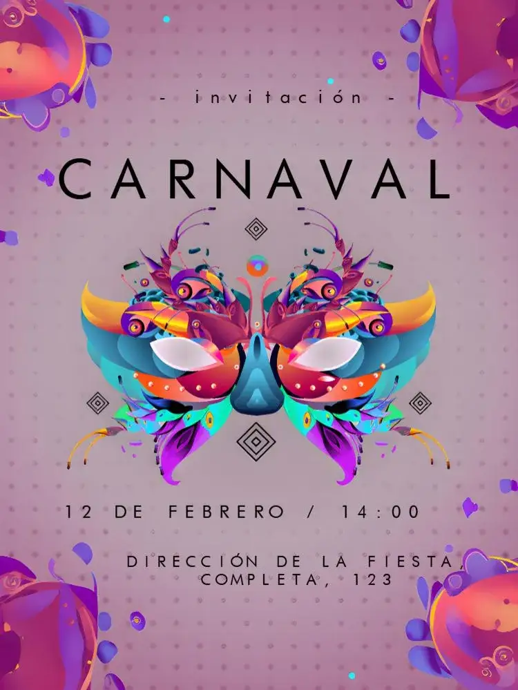 Invitación Carnaval Confeti – tema Fechas Conmemorativas púrpura vibrante, carnaval, máscaras coloridas, confeti y serpentinas, estilo festivo, elementos gráficos alegres