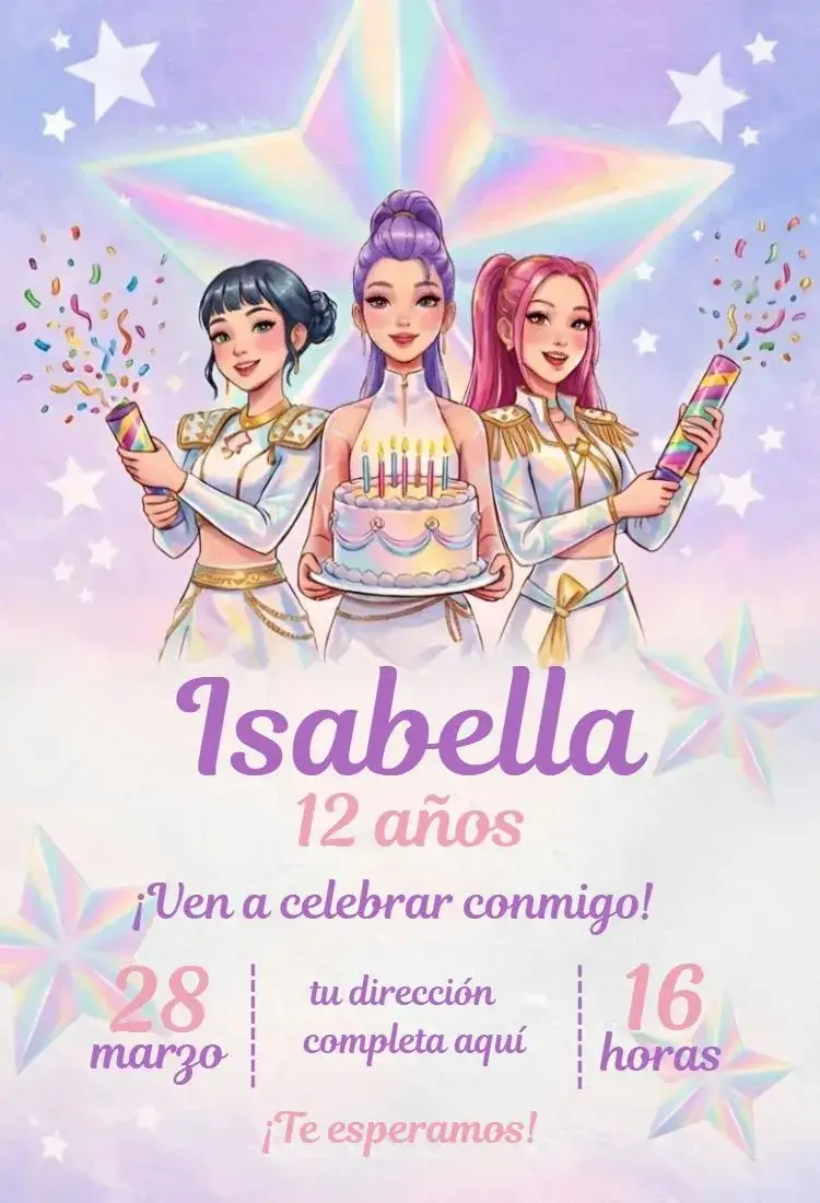 Invitación Guerreas del Kpop 17 – tema Cumpleaños colores vibrantes, ilustraciones de Kpop, estilo divertido, elementos gráficos dinámicos, fiesta alegre, diseño moderno