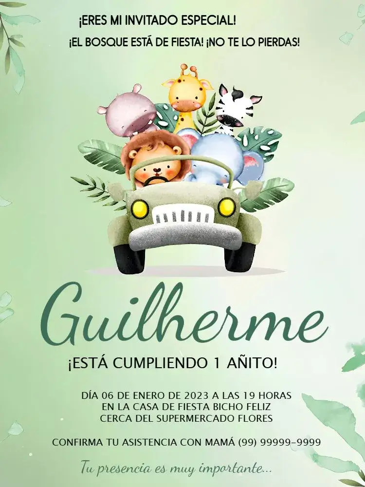 Invitación Safari 1 – tema Fechas Conmemorativas animales del bosque, acuarela, verde y colorido, divertido, temático, lúdico