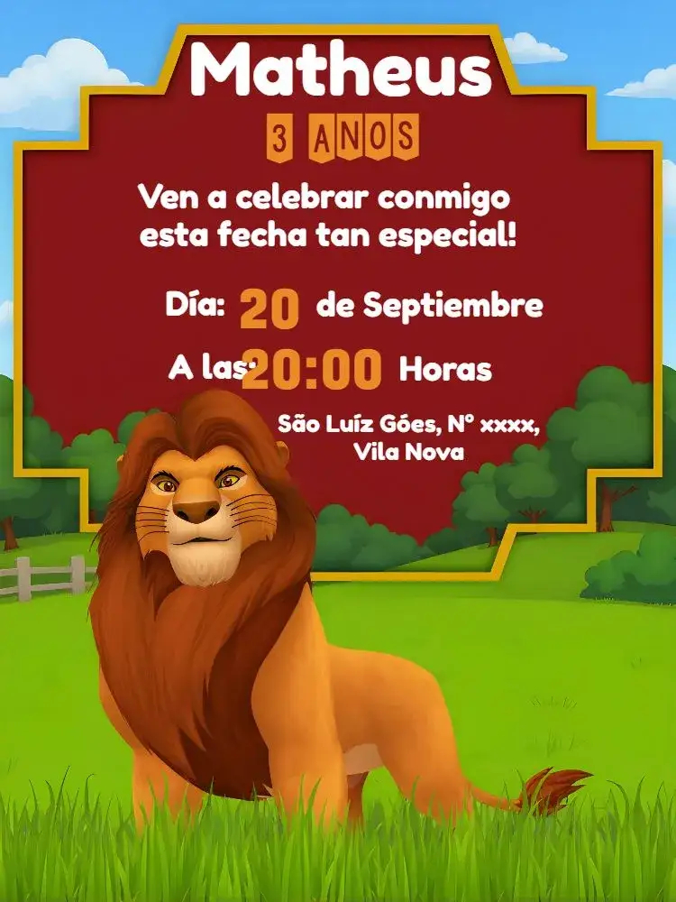 Invitación Rey León Rojo – tema Cumpleaños Infantil colorido, temático, divertido, infantil, animal