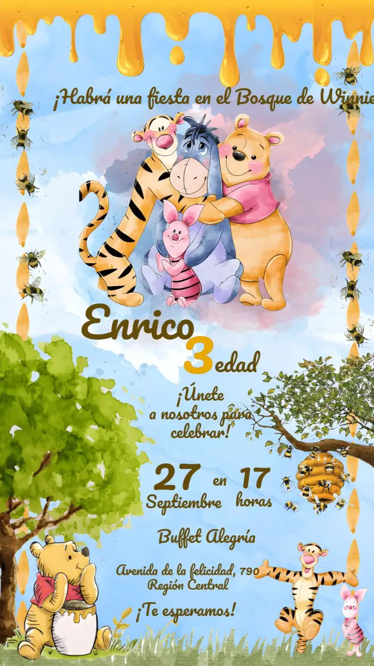 Invitación Oso Pooh Acuarela Abeja – tema Más buscados aquarela, floral, divertido, colorido, infantil, natureza