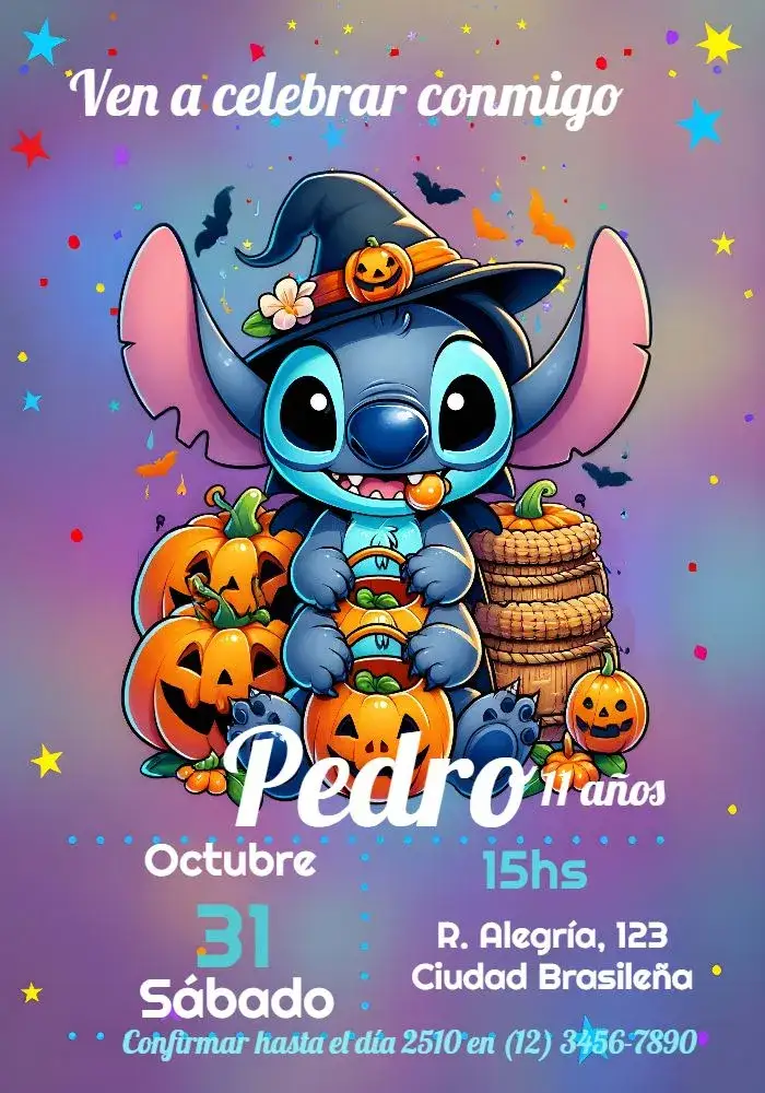Invitación Halloween Stitch Morado – tema Fechas Conmemorativas lila, morado, divertido, temático, infantil, moderno