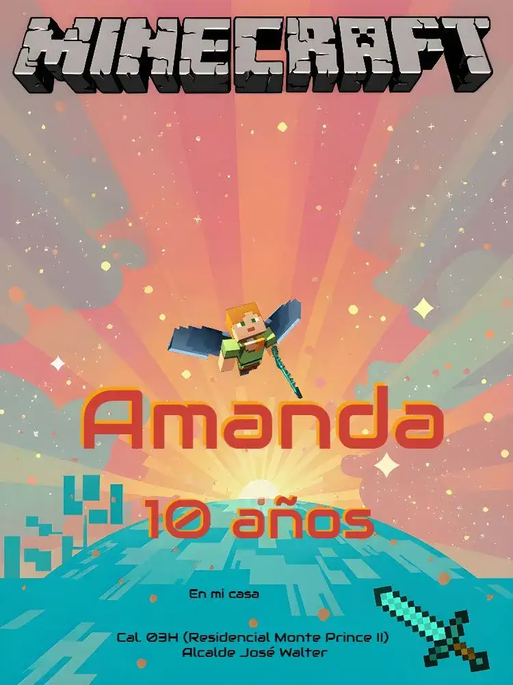 Invitación Minecraft Niño – tema Cumpleaños Infantil bloqueado, colorido, moderno, juegos, divertido, infantil