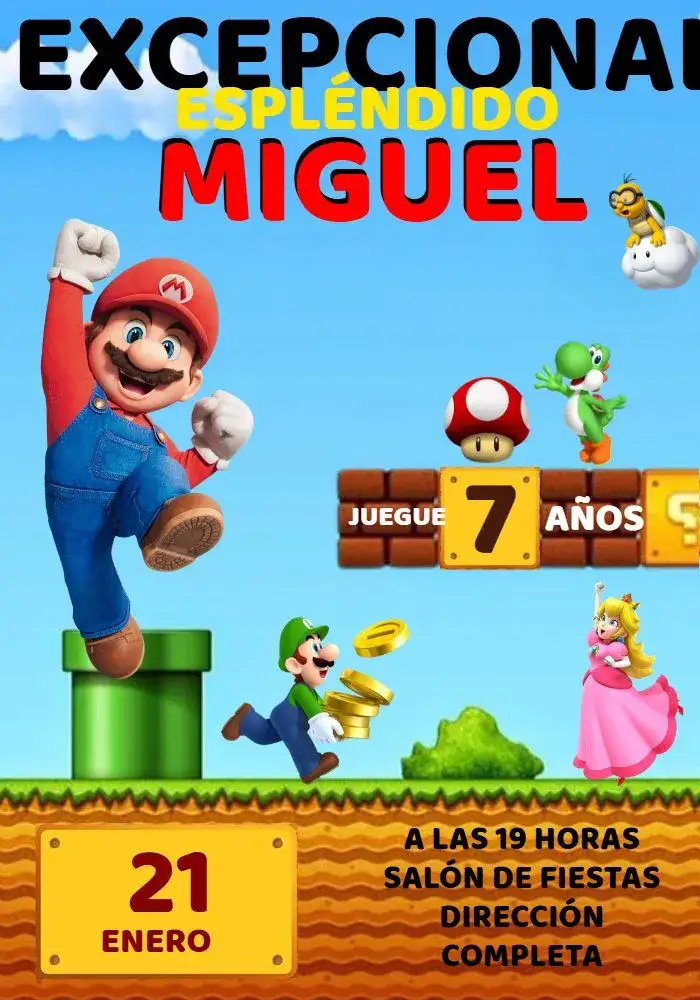 Invitación Super Mario Bros Amarillo – tema Más buscados divertido, colorido, juegos, infantil, temático