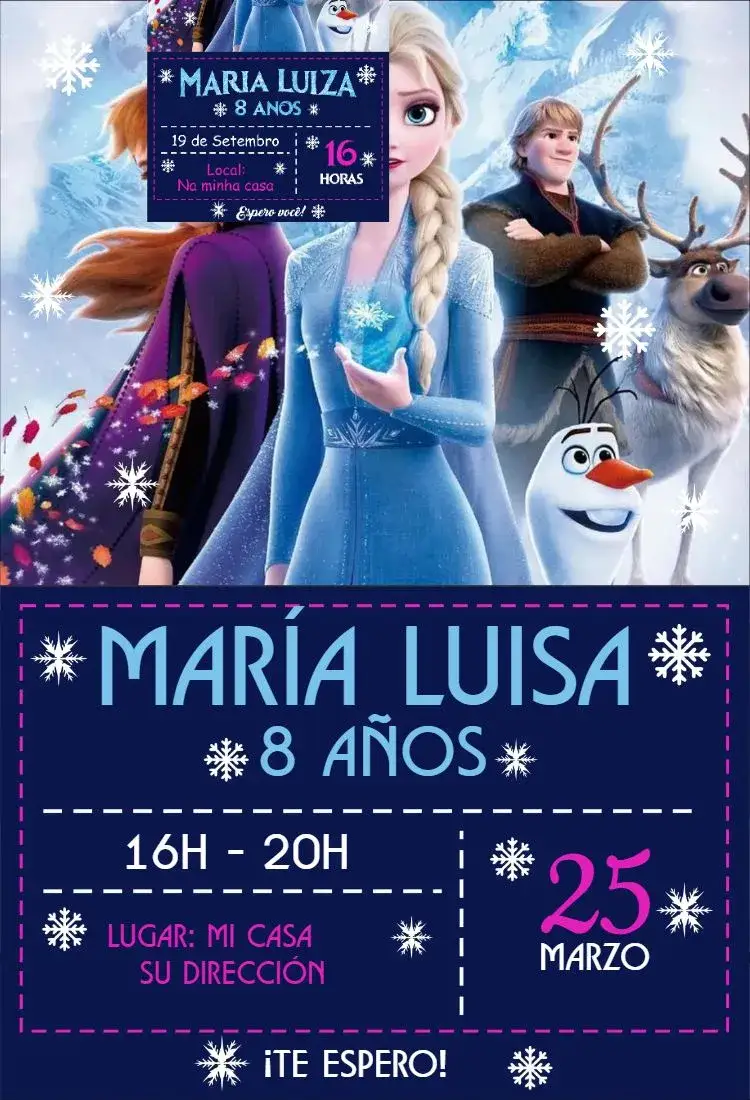 Invitación Frozen 10 – tema Cumpleaños colores fríos, elementos de nieve, ilustraciones de personajes, diseño lúdico, estilo mágico