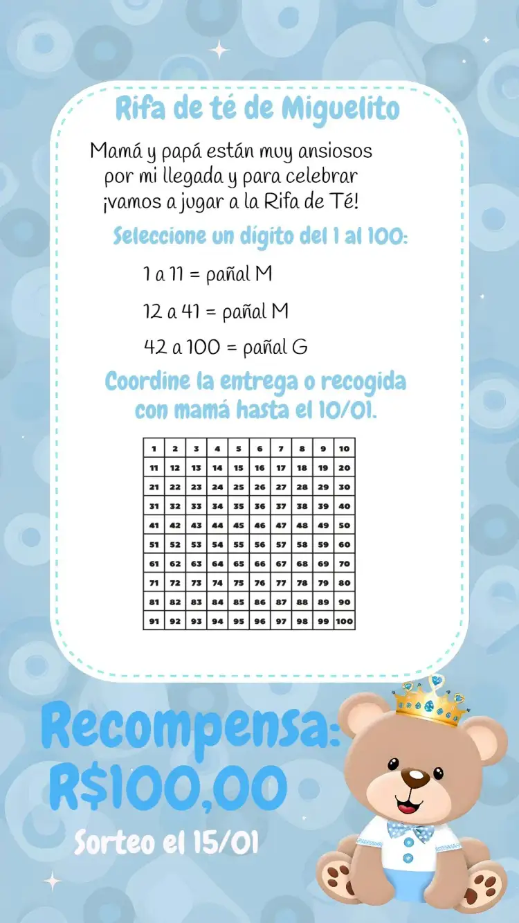 Invitación Baby Shower Raffle / Light Blue Prince Teddy Bear Diaper Raffle – tema Baby Shower azul claro, oso de peluche, príncipe, corona, infantil, delicado
