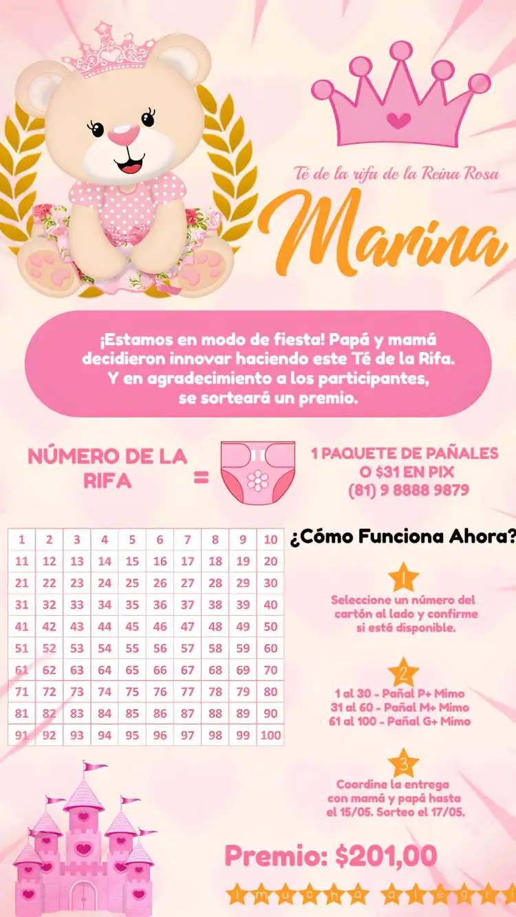 Invitación Té Rifa Osita Princesa Castillo – tema Más buscados rosa, dorado, princesa, castillo, infantil, mágico