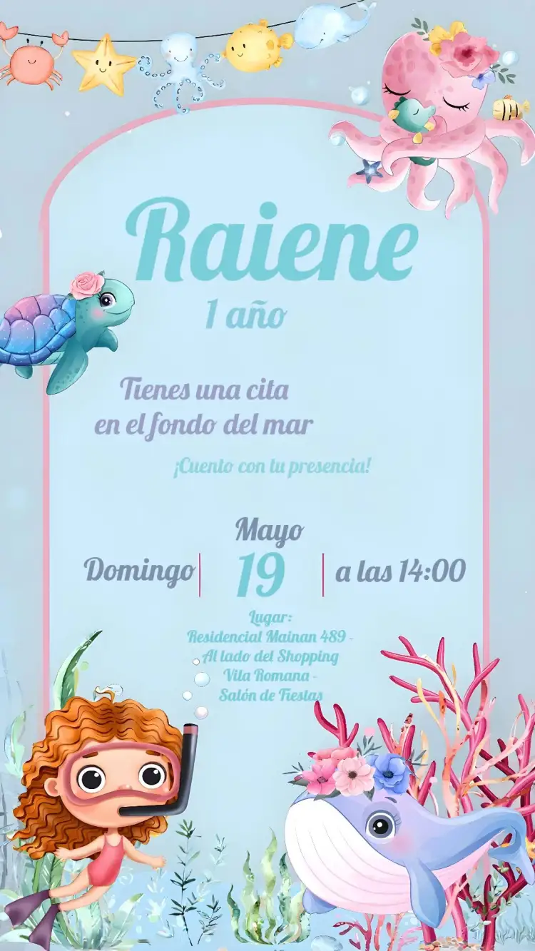 Invitación Fondo Del Mar Sirena – tema Cumpleaños Infantil acuarela, marino, colorido, fantástico, lúdico