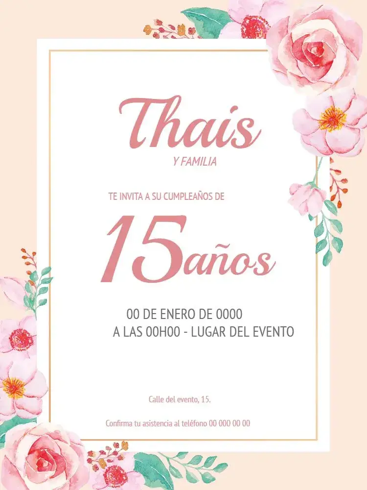 Invitación 15 Años Floral – tema Cumpleaños floral, delicado, rosa, primavera, moderno, elegante