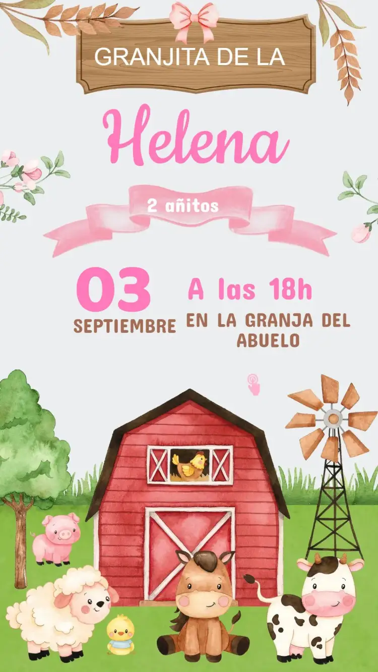Invitación Invitación Cumpleaños Granjita – tema Cumpleaños Infantil rosa, rústico, divertido, colorido, lúdico, temático