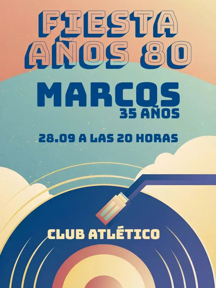 Invitación Años 80 Retrô – tema 15 años neón, vinilo, colores vibrantes, estilo vintage, elementos gráficos retro, diseño divertido