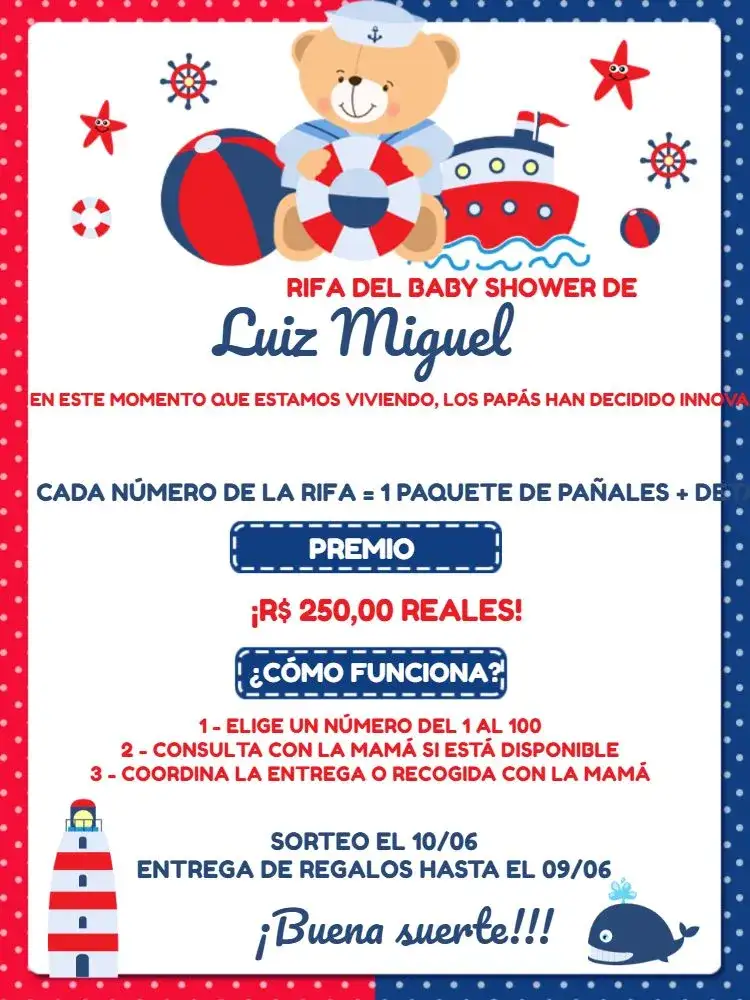 Invitación Té Rifa Osito Marinero Blanco – tema Té Rifa marinero, infantil, colorido, lúdico, blanco y azul, divertido