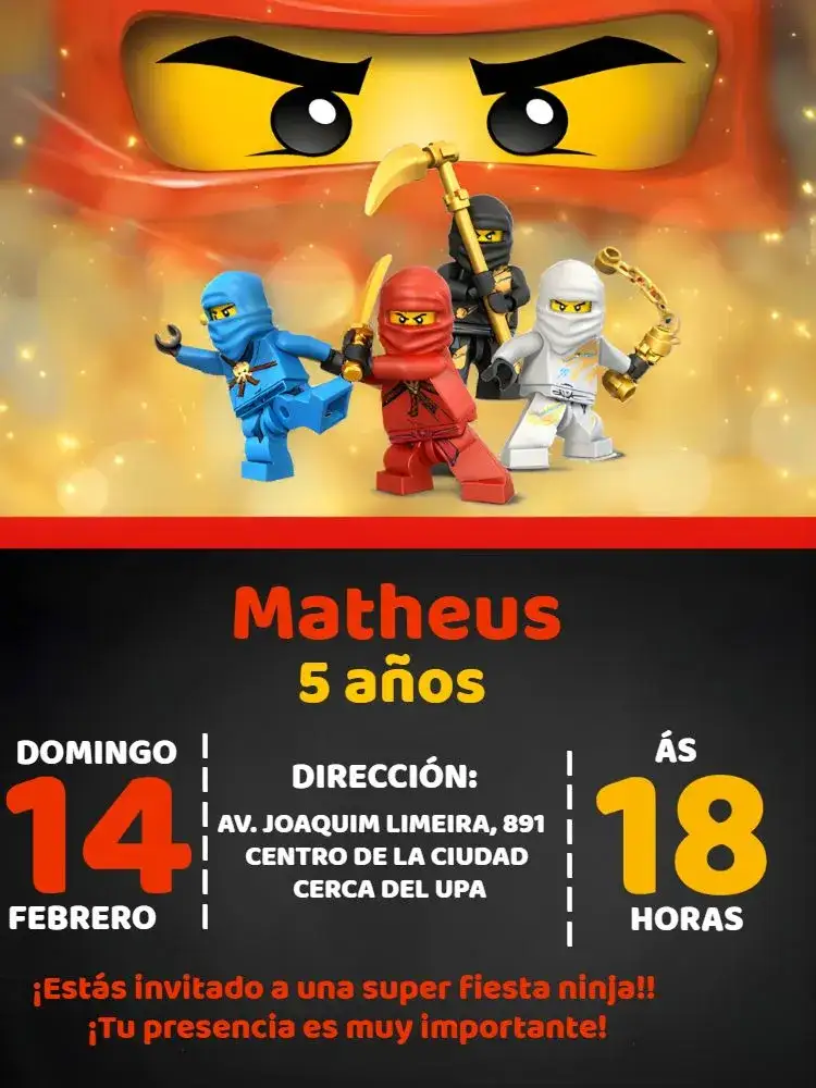 Invitación Ninjago Amarillo – tema Más buscados amarillo vibrante, estilo ninja, elementos gráficos de lucha, diseño divertido, colores llamativos, inspirado en Ninjago