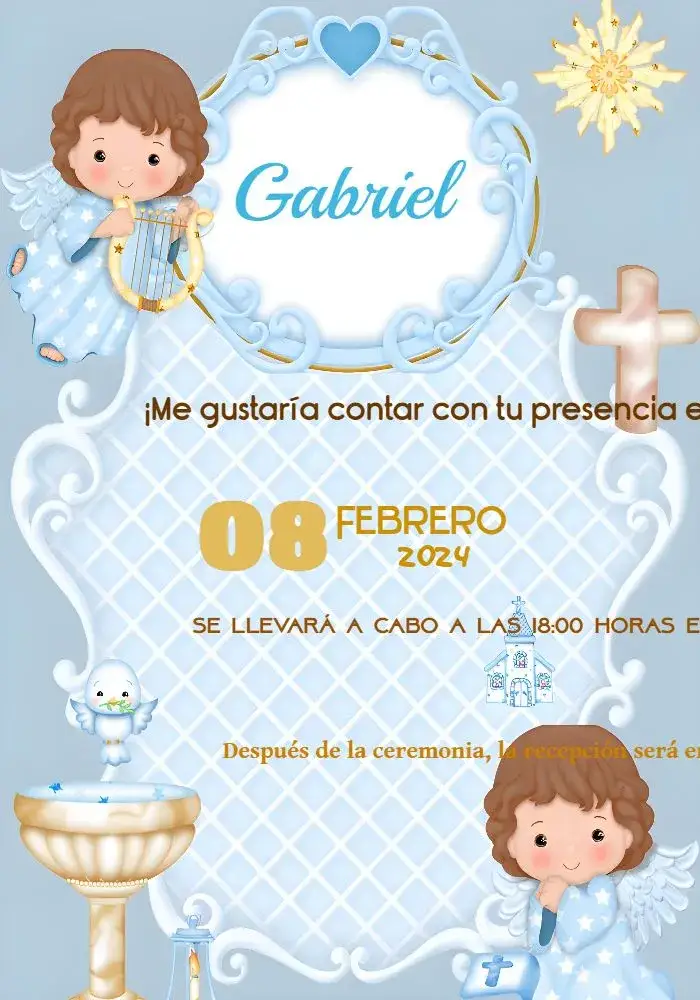 Invitación Bautizo Angelito Arpa – tema Bautismo delicado, infantil, ángeles, pastel, espiritual, moderno